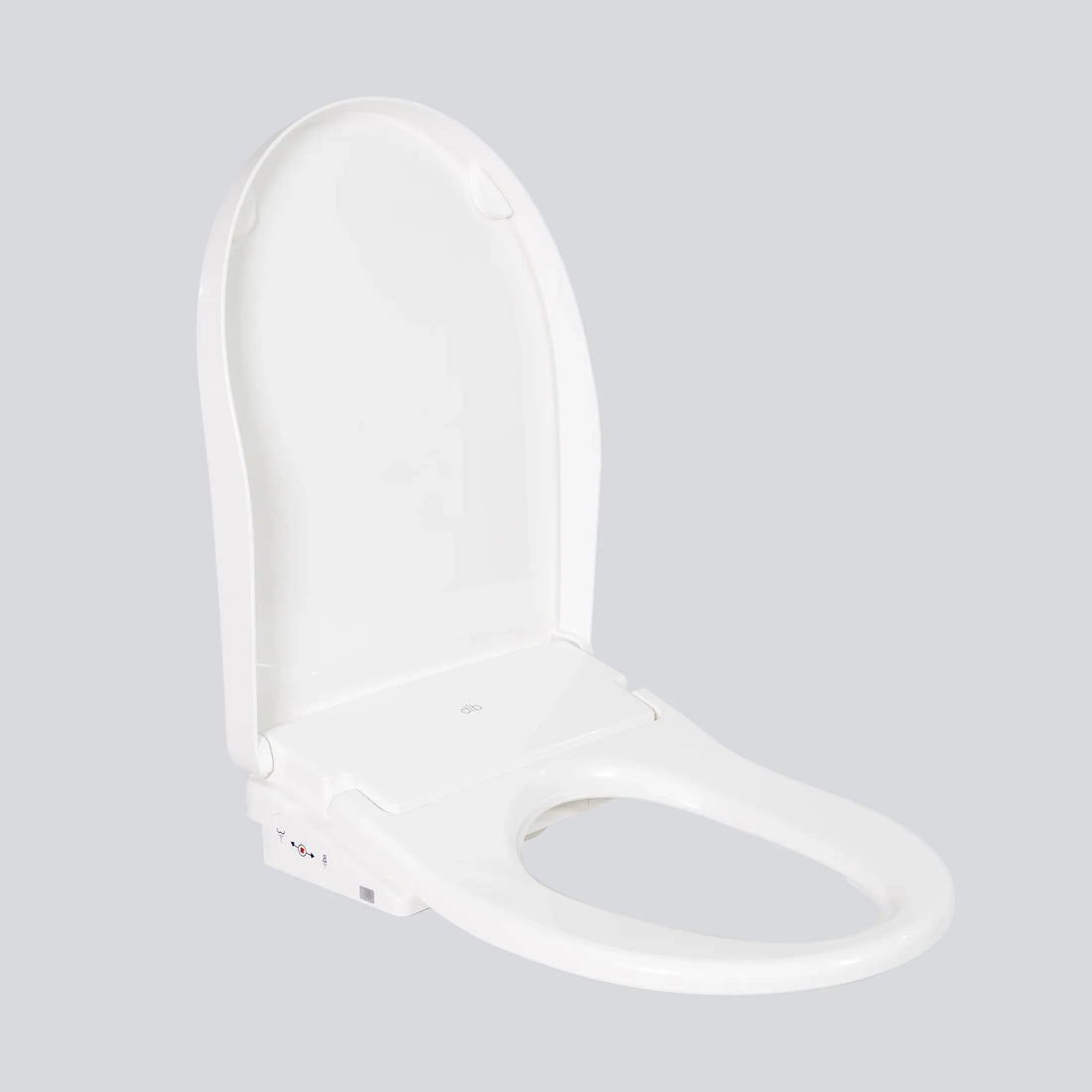 Ultra slim white DIB N850R electric bidet seat with the lid raised, showing its slim side controls
