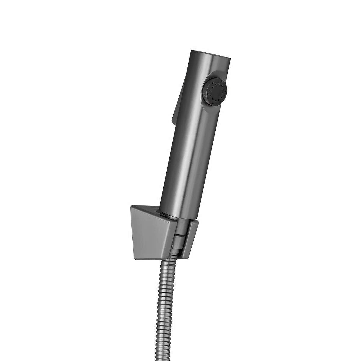 Round brushed nickel bidet spray with wall mounted holder