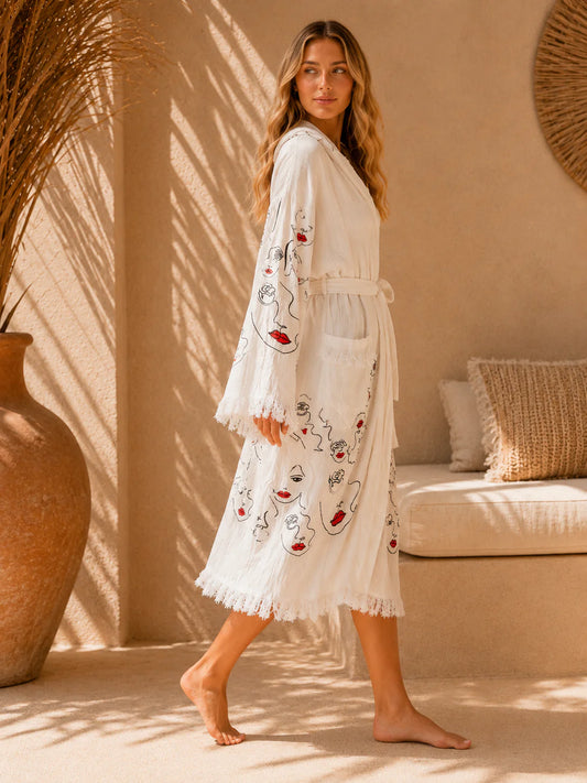 Playful red lips print lightweight white Turkish cotton muslin bathrobe front view